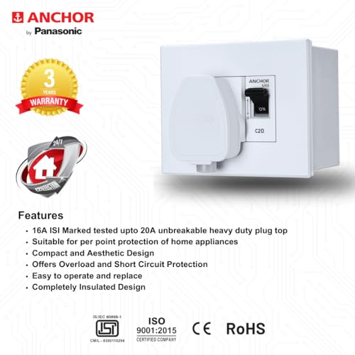 Anchor by Panasonic 20 Amp Modular AC Box with Single Pole MCB enclosure and Heavy Duty ISI 3 Pin Plug Top (White, 98488) - Image 2