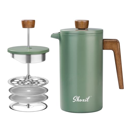 shoxil French Press Coffee Maker, 34oz Stainless Steel Green Coffee Press Real Wood Handle, Double Wall Insulated French Coffee Press with Dual-Filter Screen, Perfect for Camping & Kitchen Use - Image 1
