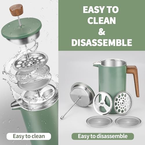 shoxil French Press Coffee Maker, 34oz Stainless Steel Green Coffee Press Real Wood Handle, Double Wall Insulated French Coffee Press with Dual-Filter Screen, Perfect for Camping & Kitchen Use - Image 4