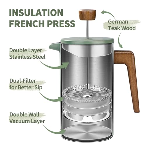 shoxil French Press Coffee Maker, 34oz Stainless Steel Green Coffee Press Real Wood Handle, Double Wall Insulated French Coffee Press with Dual-Filter Screen, Perfect for Camping & Kitchen Use - Image 2