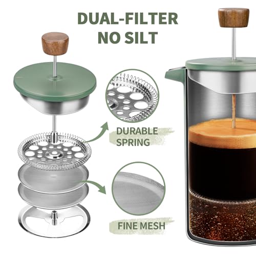 shoxil French Press Coffee Maker, 34oz Stainless Steel Green Coffee Press Real Wood Handle, Double Wall Insulated French Coffee Press with Dual-Filter Screen, Perfect for Camping & Kitchen Use - Image 3