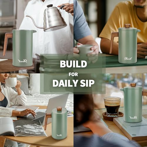 shoxil French Press Coffee Maker, 34oz Stainless Steel Green Coffee Press Real Wood Handle, Double Wall Insulated French Coffee Press with Dual-Filter Screen, Perfect for Camping & Kitchen Use - Image 5