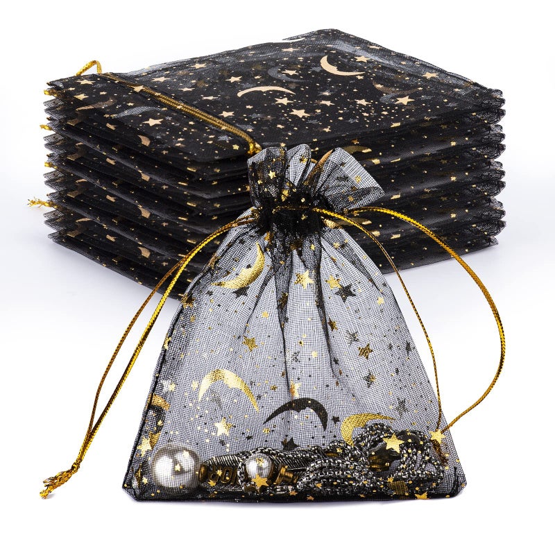 GoClimber 100 PCS 4.0x4.7 Inches Moon Star Printed Orchid Organza Bags, Black Moon and Stars Bag for Make up,Candy, Gifts, Party, Jewelry, Festival, Net Favor Drawstring goody Bags - Image 1