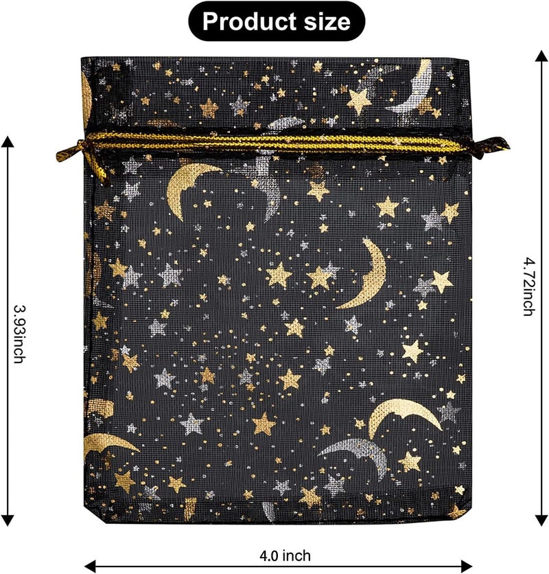 GoClimber 100 PCS 4.0x4.7 Inches Moon Star Printed Orchid Organza Bags, Black Moon and Stars Bag for Make up,Candy, Gifts, Party, Jewelry, Festival, Net Favor Drawstring goody Bags - Image 2