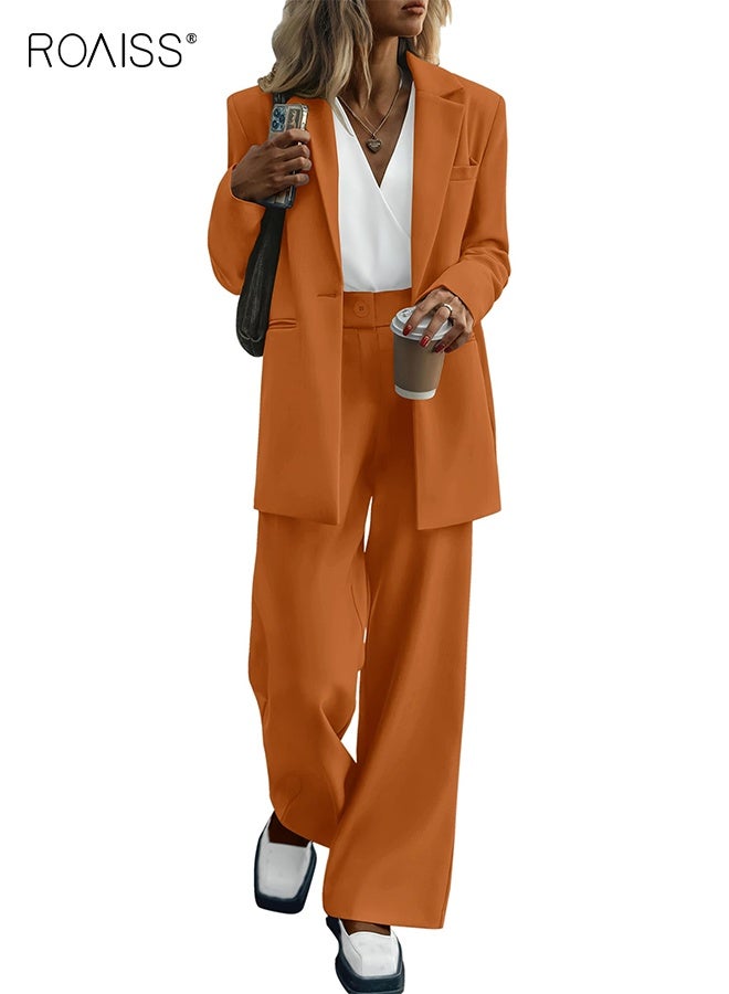 رويس طقم ملابس نسائي مكون من قطعتين، سترة بليزر وبنطلون واسع الساق، جيوب، طقم بدلة عمل غير رسمي، موضة المكتب، العمل، لون سادة، بنطلون بأكمام طويلة، بنطلون مستقيم بخصر مرتفع - Image 1
