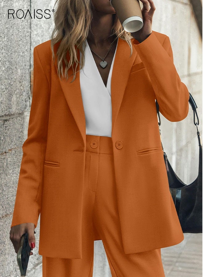 رويس طقم ملابس نسائي مكون من قطعتين، سترة بليزر وبنطلون واسع الساق، جيوب، طقم بدلة عمل غير رسمي، موضة المكتب، العمل، لون سادة، بنطلون بأكمام طويلة، بنطلون مستقيم بخصر مرتفع - Image 5