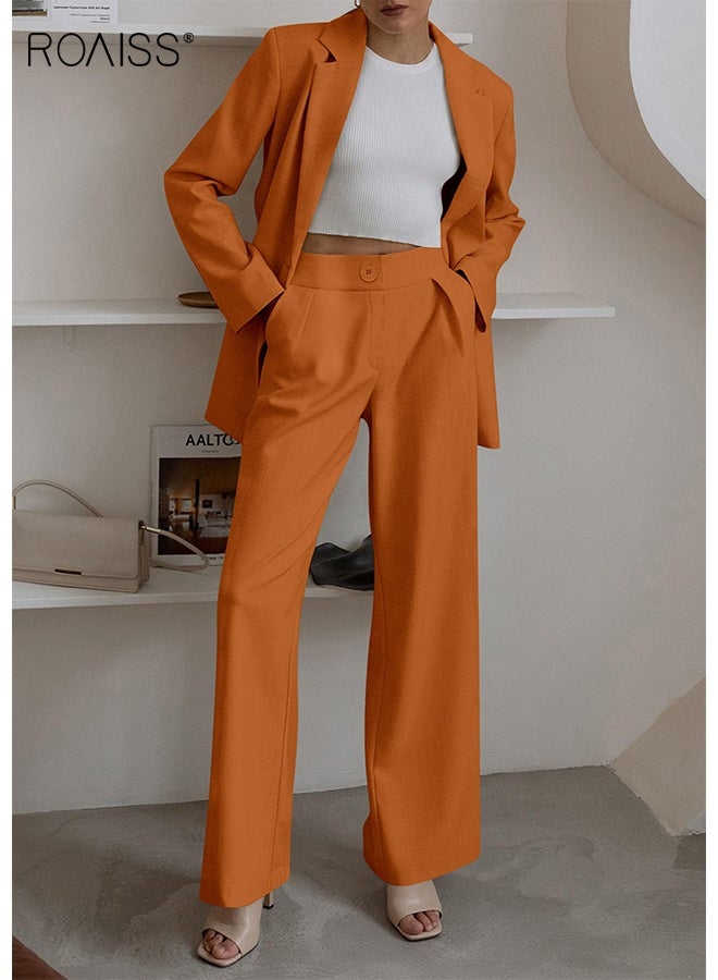 رويس طقم ملابس نسائي مكون من قطعتين، سترة بليزر وبنطلون واسع الساق، جيوب، طقم بدلة عمل غير رسمي، موضة المكتب، العمل، لون سادة، بنطلون بأكمام طويلة، بنطلون مستقيم بخصر مرتفع - Image 2