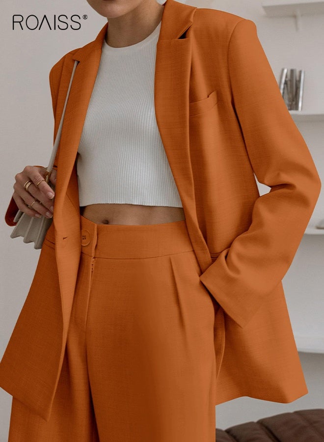 رويس طقم ملابس نسائي مكون من قطعتين، سترة بليزر وبنطلون واسع الساق، جيوب، طقم بدلة عمل غير رسمي، موضة المكتب، العمل، لون سادة، بنطلون بأكمام طويلة، بنطلون مستقيم بخصر مرتفع - Image 3