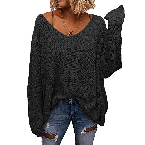BZB Women's V Neck Long Sleeve Knit Loose Oversized Pullover Sweater Black - Image 4