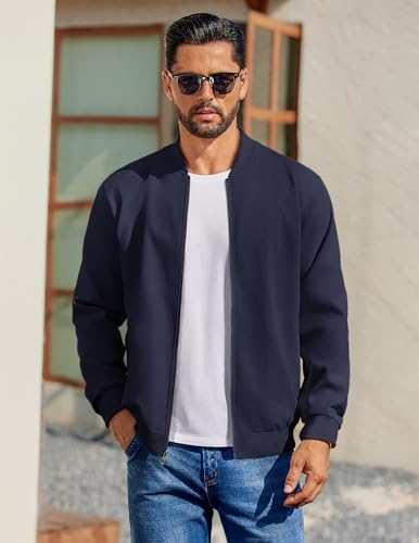 COOFANDY Mens Lightweight Jacket Bomber Flight Linen Jackets Casual Soft Shell Coat Navy Blue, Large - Image 2