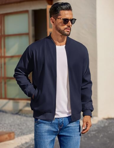 COOFANDY Mens Lightweight Jacket Bomber Flight Linen Jackets Casual Soft Shell Coat Navy Blue, Large - Image 3