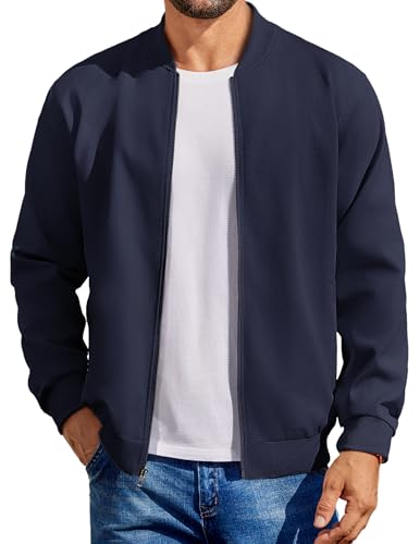 COOFANDY Mens Lightweight Jacket Bomber Flight Linen Jackets Casual Soft Shell Coat Navy Blue, Large - Image 1