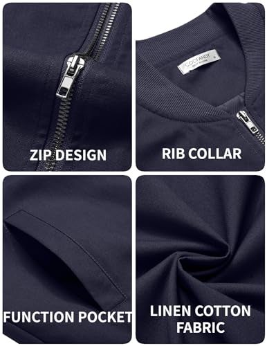 COOFANDY Mens Lightweight Jacket Bomber Flight Linen Jackets Casual Soft Shell Coat Navy Blue, Large - Image 5