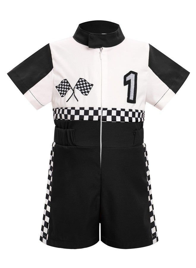 OBEEII Baby Boys 1st Birthday Outfit Girls Race Car Driver Romper One Year Old Kids First Birthday Cake Smash Photoshoot Jumpsuit Party One Piece Clothes Checkered Racer Outfit Black-1Y 9-12 Months - Image 1