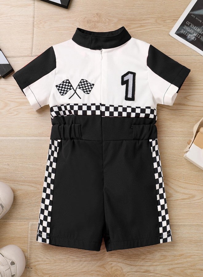 OBEEII Baby Boys 1st Birthday Outfit Girls Race Car Driver Romper One Year Old Kids First Birthday Cake Smash Photoshoot Jumpsuit Party One Piece Clothes Checkered Racer Outfit Black-1Y 9-12 Months - Image 2