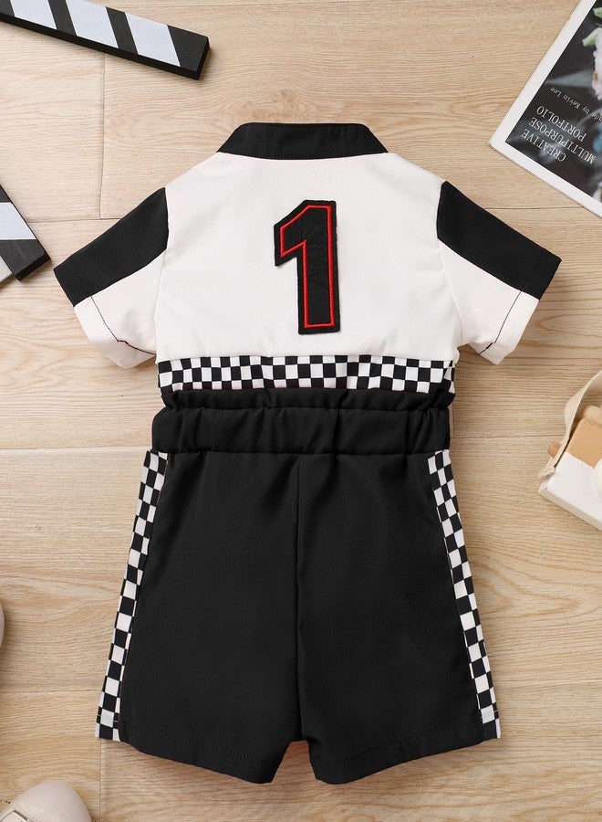 OBEEII Baby Boys 1st Birthday Outfit Girls Race Car Driver Romper One Year Old Kids First Birthday Cake Smash Photoshoot Jumpsuit Party One Piece Clothes Checkered Racer Outfit Black-1Y 9-12 Months - Image 3