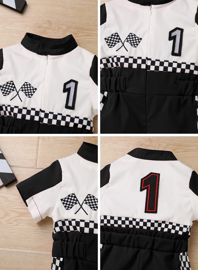 OBEEII Baby Boys 1st Birthday Outfit Girls Race Car Driver Romper One Year Old Kids First Birthday Cake Smash Photoshoot Jumpsuit Party One Piece Clothes Checkered Racer Outfit Black-1Y 9-12 Months - Image 4