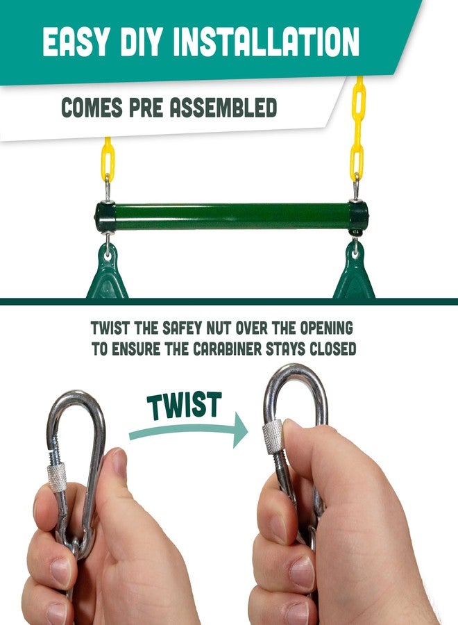 Squirrel Products Fully Coated Trapeze Swing Bar with Rings Heavy Duty Chain Swing Set Accessories Designed for Backyard Playground Sets Green - Image 3