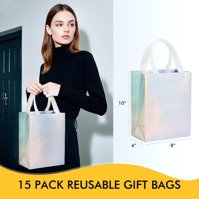 RACETOP 100 Pcs Iridescent Glossy Gift Bags Medium Size, 8x4x10 In Holographic Reusable Gift Bags with Handles & Sturdy Base, Ideal for Birthday, Wedding, Bachelorette, Party Favors, Holiday Goodie Bag - Image 4
