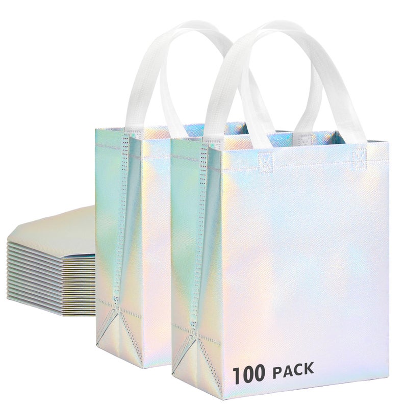 RACETOP 100 Pcs Iridescent Glossy Gift Bags Medium Size, 8x4x10 In Holographic Reusable Gift Bags with Handles & Sturdy Base, Ideal for Birthday, Wedding, Bachelorette, Party Favors, Holiday Goodie Bag - Image 1