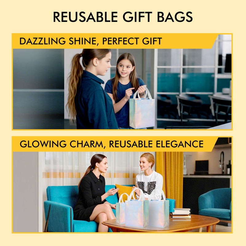 RACETOP 100 Pcs Iridescent Glossy Gift Bags Medium Size, 8x4x10 In Holographic Reusable Gift Bags with Handles & Sturdy Base, Ideal for Birthday, Wedding, Bachelorette, Party Favors, Holiday Goodie Bag - Image 5