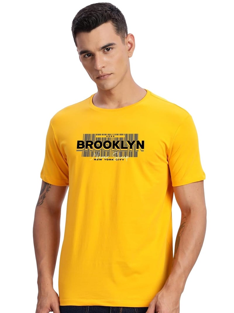 ADRO Men's Printed T-Shirt in Light Mustard - Premium Lycra Cotton Regular Fit - Image 1
