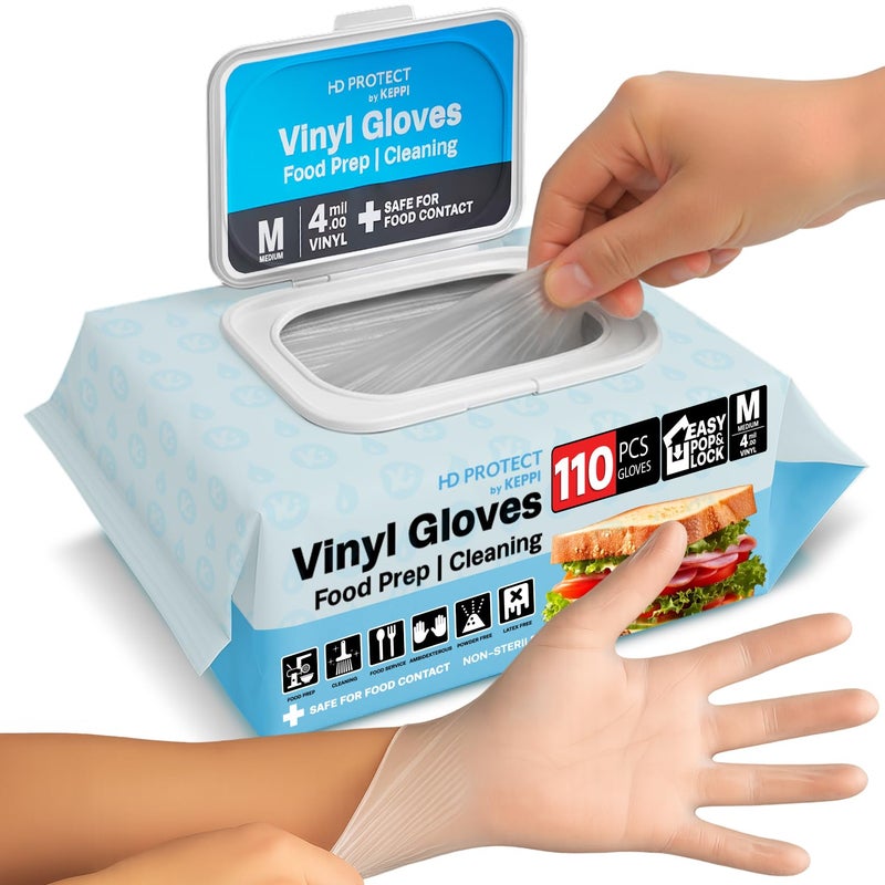 Keppi 110 Pack Clear Vinyl Gloves â€“ Disposable, Latex-Free, BPA-Free, Powder-Free â€“ Food Safe Plastic Gloves for Cooking, Cleaning, Food Prep, Catering, BBQ, Baking & Restaurant Use - (Medium) - Image 1