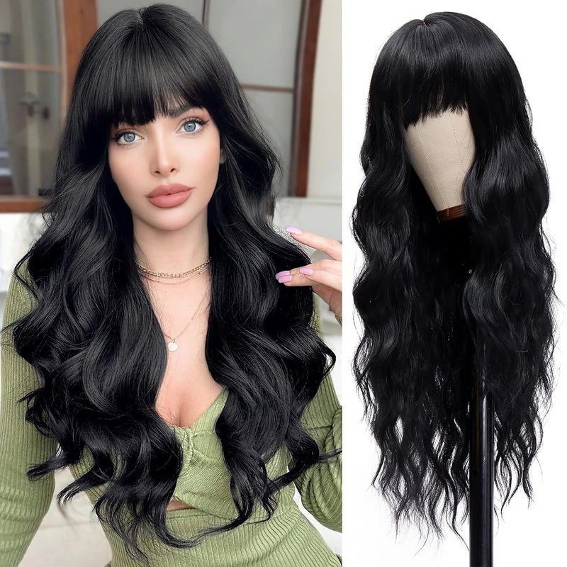 Vomella Black Wig With Bangs 26 Inch Long Curly Wavy Wig for Women Natural Looking Synthetic Heat Resistant Wigs for Daily Party Use