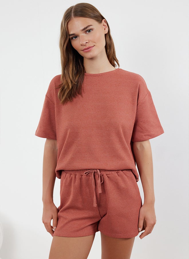 trendyol Brick Waffle Fabric Knitted Pajama Set with Shorts - Image 2