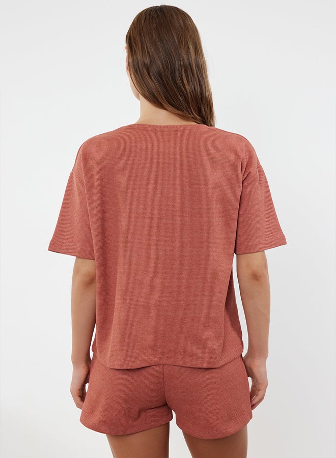 trendyol Brick Waffle Fabric Knitted Pajama Set with Shorts - Image 5