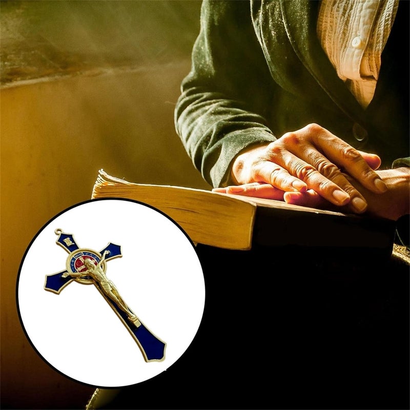 Bovemee صليب الحماية من سانت بنديكت باللون الأحمر المينا 4.7X2.7 بوصة زينة صلاة كاثوليكية سان بينيتو ميدالا (أزرق) - Image 5