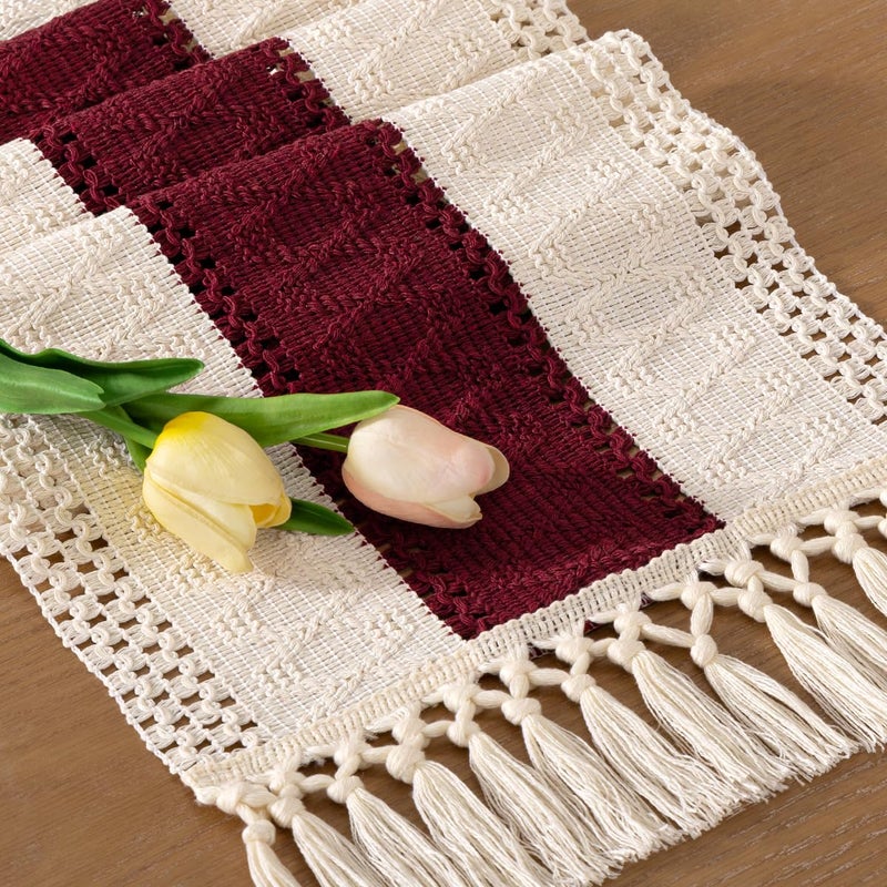 Socomi Boho Table Runner Fall Thanksgiving Farmhouse Rustic Dining Kitchen Centerpiece Decor Small Macrame Woven Cotton Linen Coffee Table Runner For Dresser Scarf Home Decor 12X36 In Burgundy Ivory - Image 2