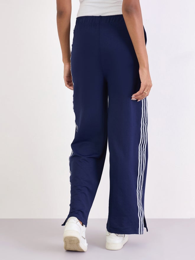 Styli Navy Wide Leg Joggers with Side Taping Detail - Image 5