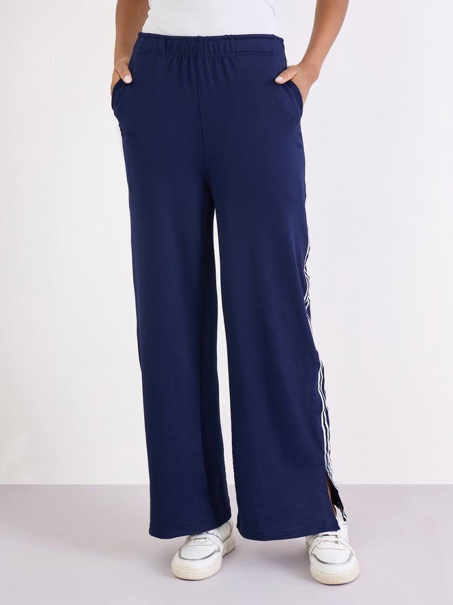 Styli Navy Wide Leg Joggers with Side Taping Detail - Image 3