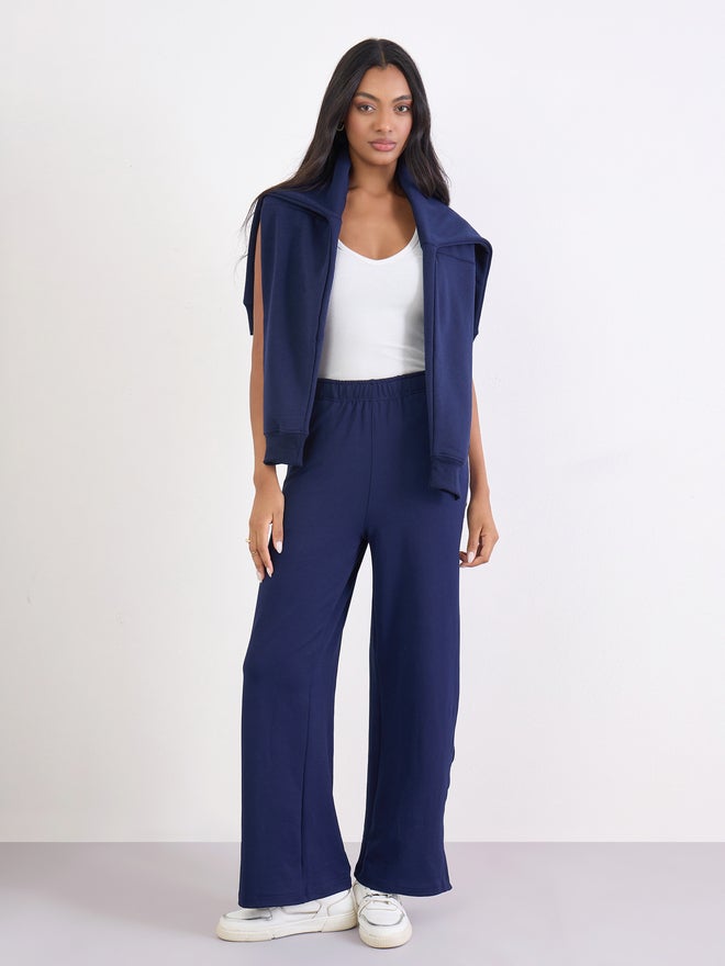 Styli Navy Wide Leg Joggers with Side Taping Detail - Image 2