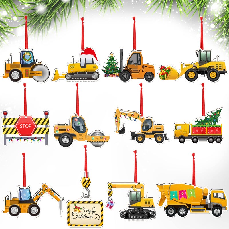 Amyhill 12 Pcs Christmas Construction Truck Vintage Excavator Christmas Ornament Excavator Decorations Wooden Xmas Ornaments Decorative Hanging Ornaments for Tree