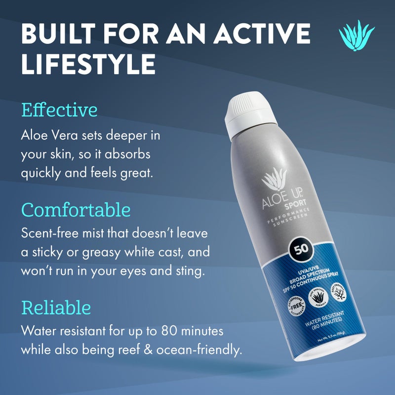 ALOE UP Sport Continuous Spray Sunscreen SPF 50 - Broad Spectrum UVA/UVB Sunscreen Protector for Face and Body - With Aloe Vera Gel - Fast Absorbing Sheer Formula - Reef Safe - Fragrance-Free - 6 Oz - Image 2