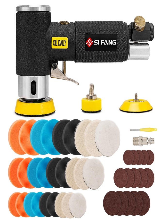 SI FANG 1'' 2'' 3'' Mini Random Orbital Air Sander Kit, High Speed Pneumatic Mini Sanders Polisher for Auto Body Work, Includes 27Pcs 1/2/3in Polishing Sponge & Wool Pads, 15Pcs Sandpapers (Black) - Image 1