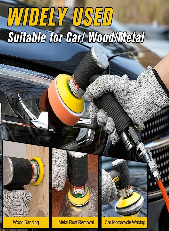 SI FANG 1'' 2'' 3'' Mini Random Orbital Air Sander Kit, High Speed Pneumatic Mini Sanders Polisher for Auto Body Work, Includes 27Pcs 1/2/3in Polishing Sponge & Wool Pads, 15Pcs Sandpapers (Black) - Image 2