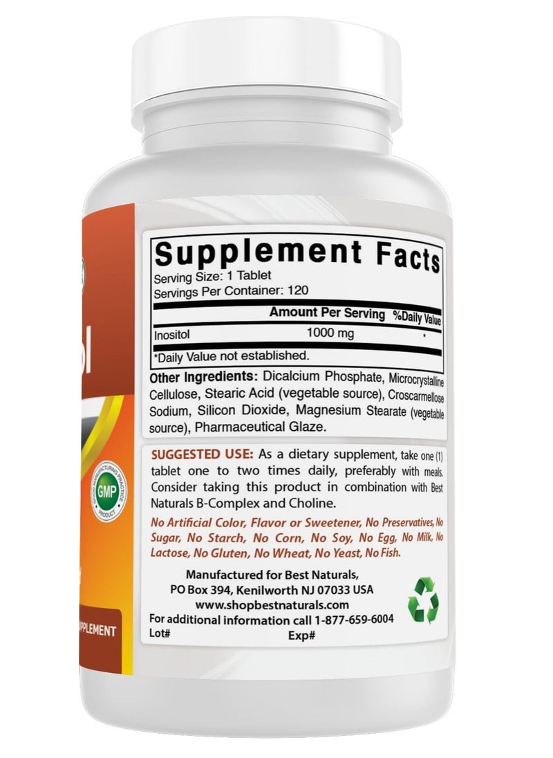 Best Naturals Inositol 1000mg 120 Tablets - Also Called Vitamin B8  - Image 3