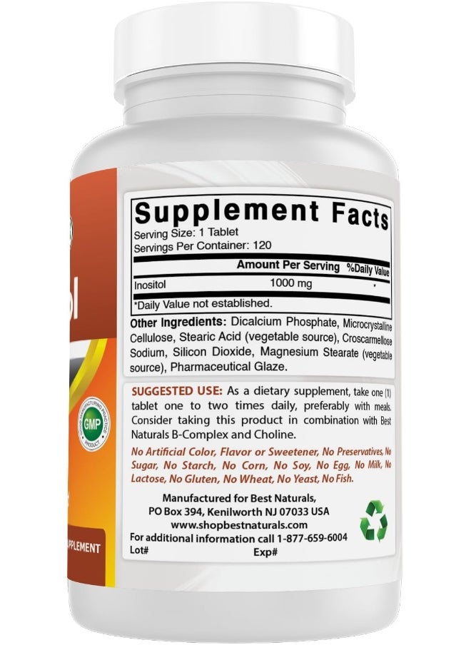 Best Naturals - Best Naturals Inositol 1000mg 120 Tablets - Also Called Vitamin B8 - Image 1