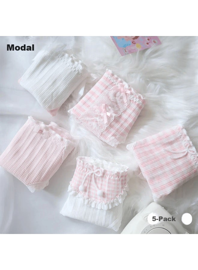 Modal Girls Soft Seamless Mid-waist Pink Sweet Lace Trim Cotton Style Bikini Panties 5-pack XL - Image 1