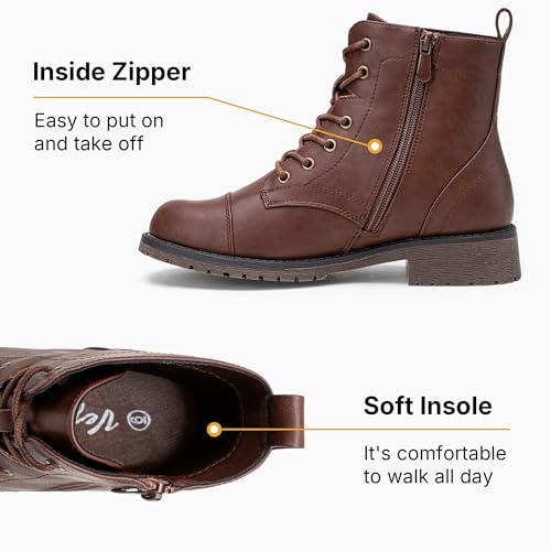 Vepose Women's Ankle Boots Lace up, Flat Fashion Combat Booties Low Heel, 910 - Cognac, Red Brown, Size 8 US (CJY910 Cognac 08) - Image 3