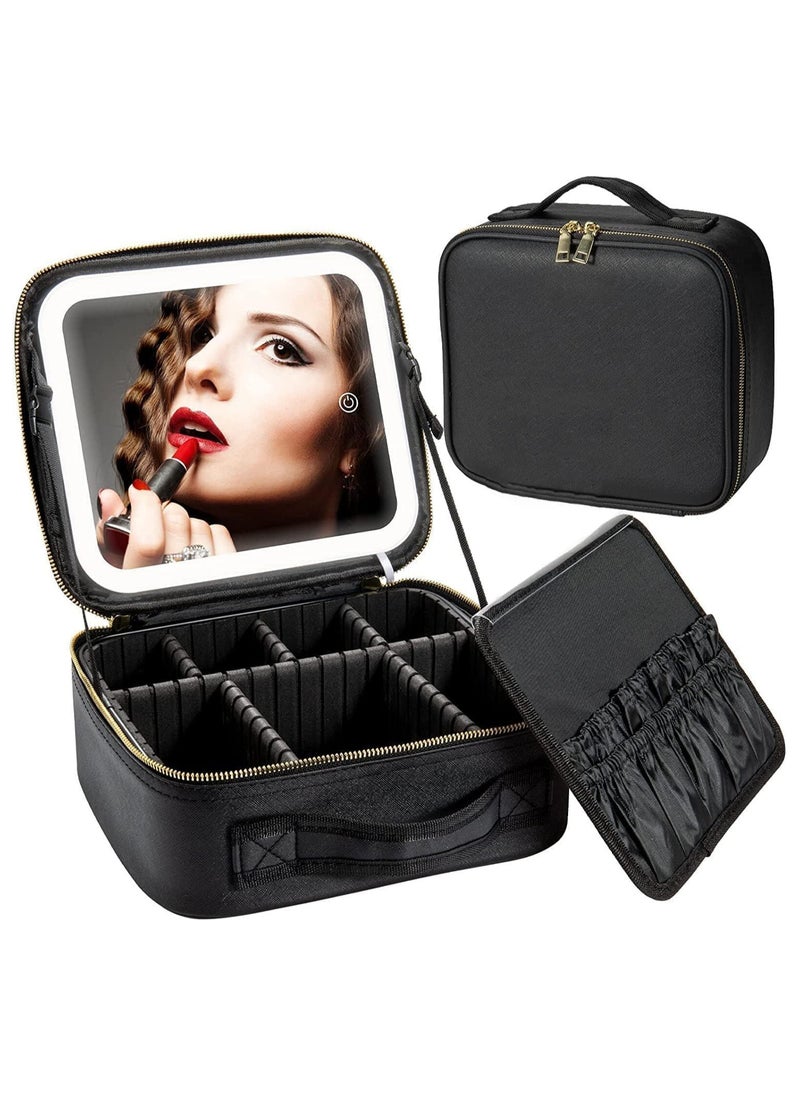 AUTOYSUR Makeup Bag with Mirror of LED Lighted, Travel Makeup Train Case Cosmetic Bag Organizer with Mirror and Lights, Make up Bag with Light up Mirror Adjustable Divider Brush Board (Black)  - Image 1