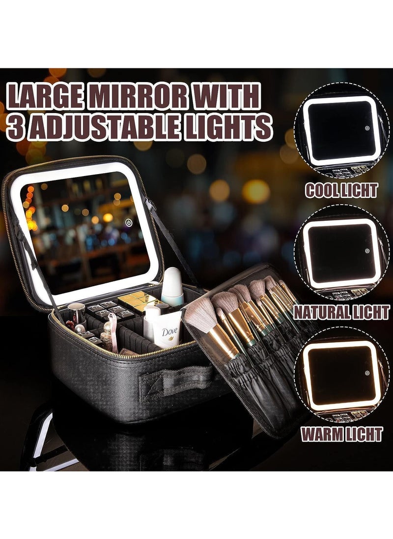 AUTOYSUR Makeup Bag with Mirror of LED Lighted, Travel Makeup Train Case Cosmetic Bag Organizer with Mirror and Lights, Make up Bag with Light up Mirror Adjustable Divider Brush Board (Black)  - Image 2