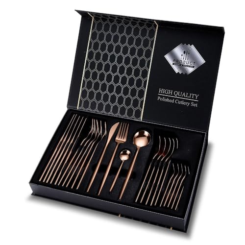 Iktu 24-Piece Stainless Steel Cutlery Set, Mirror Polished Tableware, Dishwasher Safe, Suitable for Housewarming Gift, Dining Table Decor (Rose Gold) - Image 1