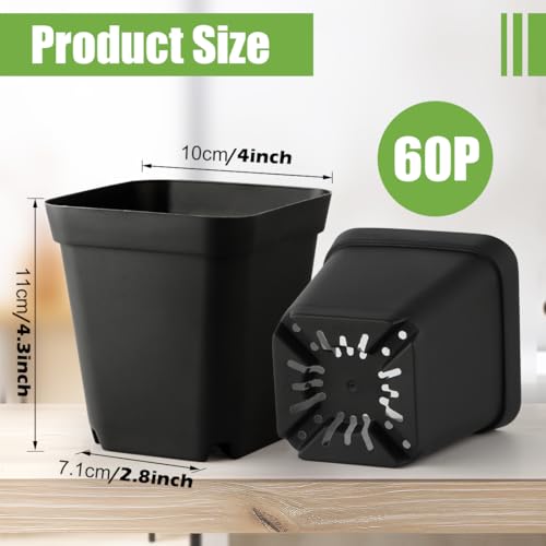 RooTrimmer Square Nursery pots 4 Inches 60Pcs, Seedling Plastic Seeds propogation Growing Pots (Black,4Inches,60Pcs) - Image 3