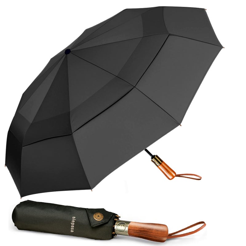 SIEPASA 49/54/62 Inch Windproof Golf Umbrella - Automatic Open/Close, Real Wood Handle - Large Folding Travel Umbrella for Wind, Rain & Sun Protection.(Black/49) - Image 5