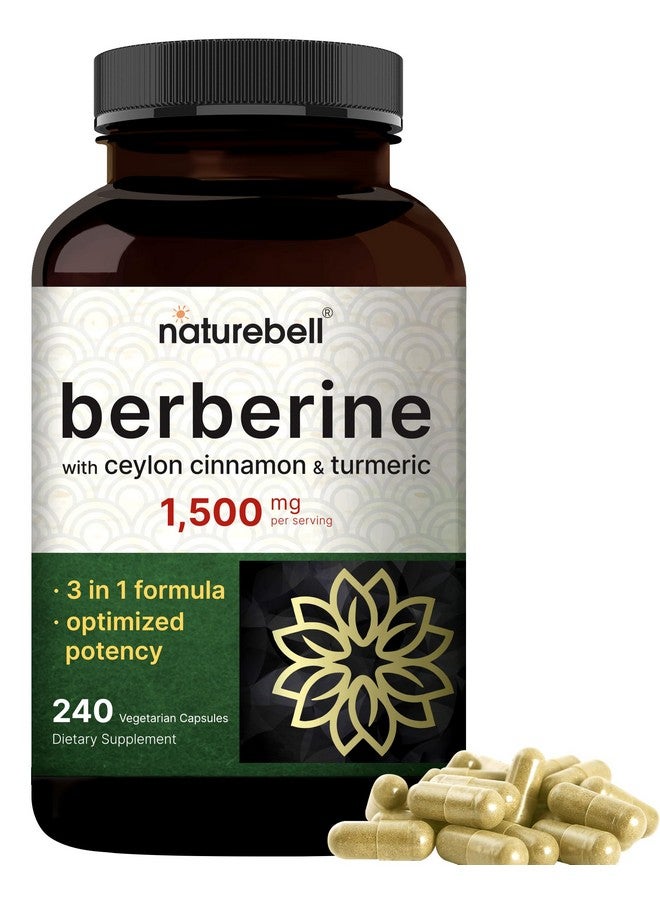 NatureBell مكمل بيربرين 1500 ملغ، 240 كبسولة نباتية | بالإضافة إلى 1000 ملغ قرفة سيلان الحقيقية و 300 ملغ جذر الكركم - 97% بيربرين HCL - نباتي، نباتي، غير معدل وراثيًا - Image 1
