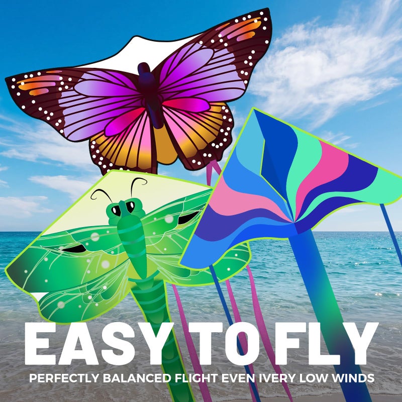 Crogift 3 Pack Large Kites - Butterfly Delta Dragonfly Kites Easy to Fly for Adults Kids Beach Park Outdoor Game Activities, Gifts for Easter and Festival - Image 4